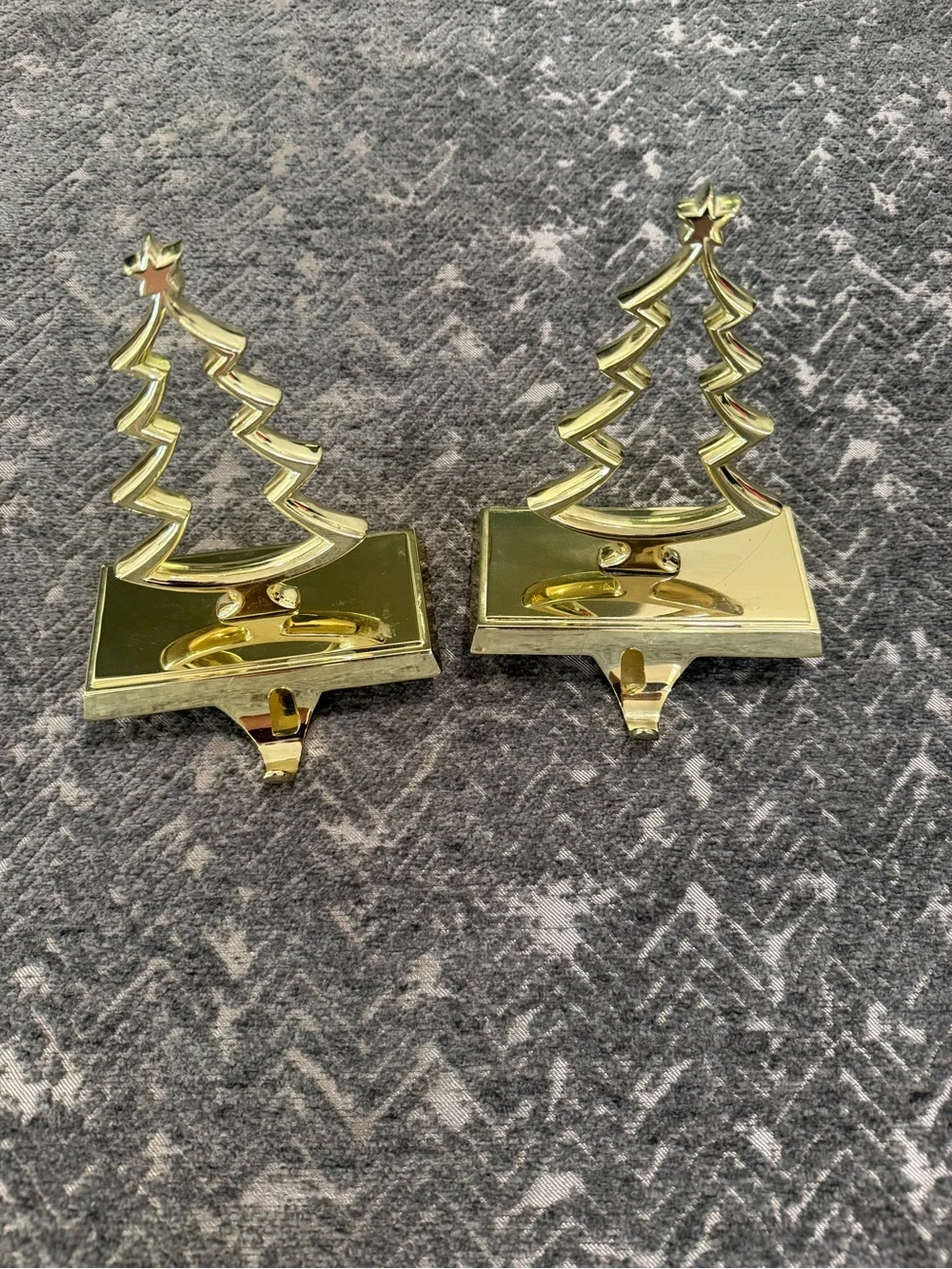 Vintage Pottery Barn Brass Christmas Tree Stocking Holders Mantel Hooks Set of 2